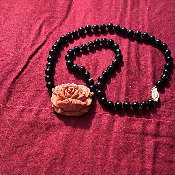 Onyx & Sponge Coral Necklace with Hand-Carved Rose Centerpiece and 
